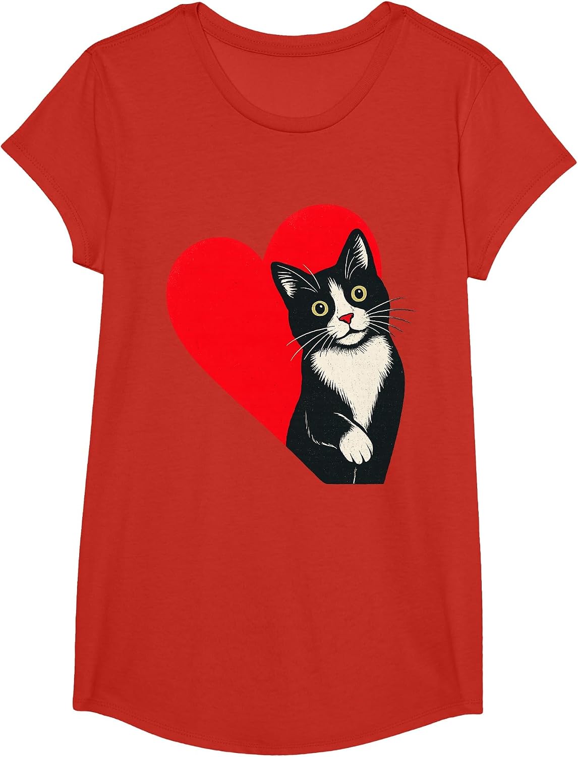 Tuxedo Cat Valentine Heart for Kitten and Animal Lovers T-Shirt - Girls Red