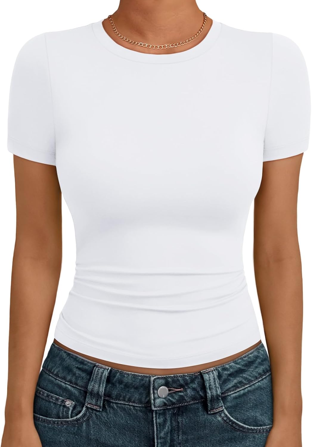 AUTOMET Women's Crewneck Short Sleeve T-Shirt Sexy Slim Fit Basic Going Out Tops - White