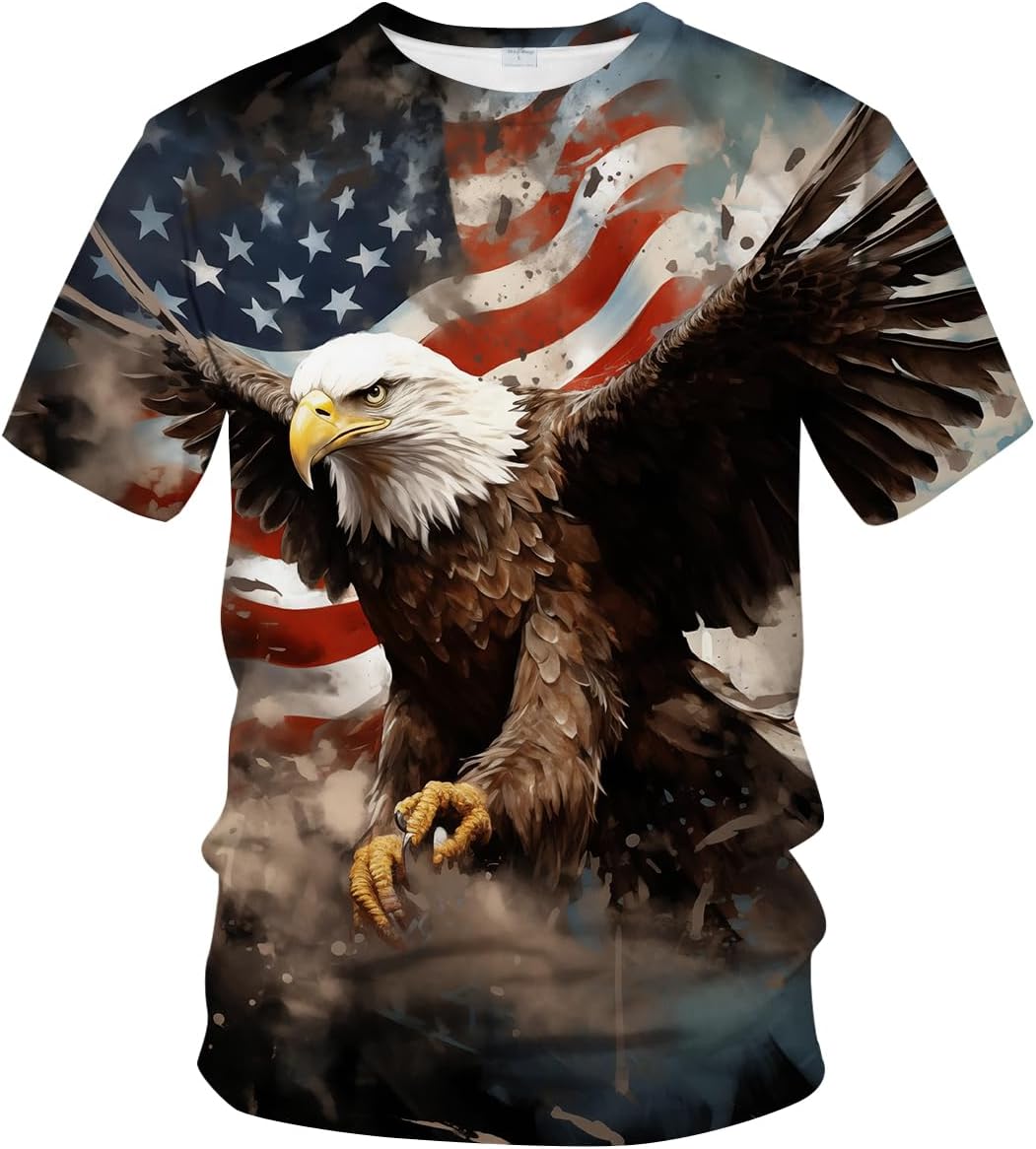 Funny USA Bald Eagle T-Shirt American Flag Style Graphic Tee Shirt - Blue