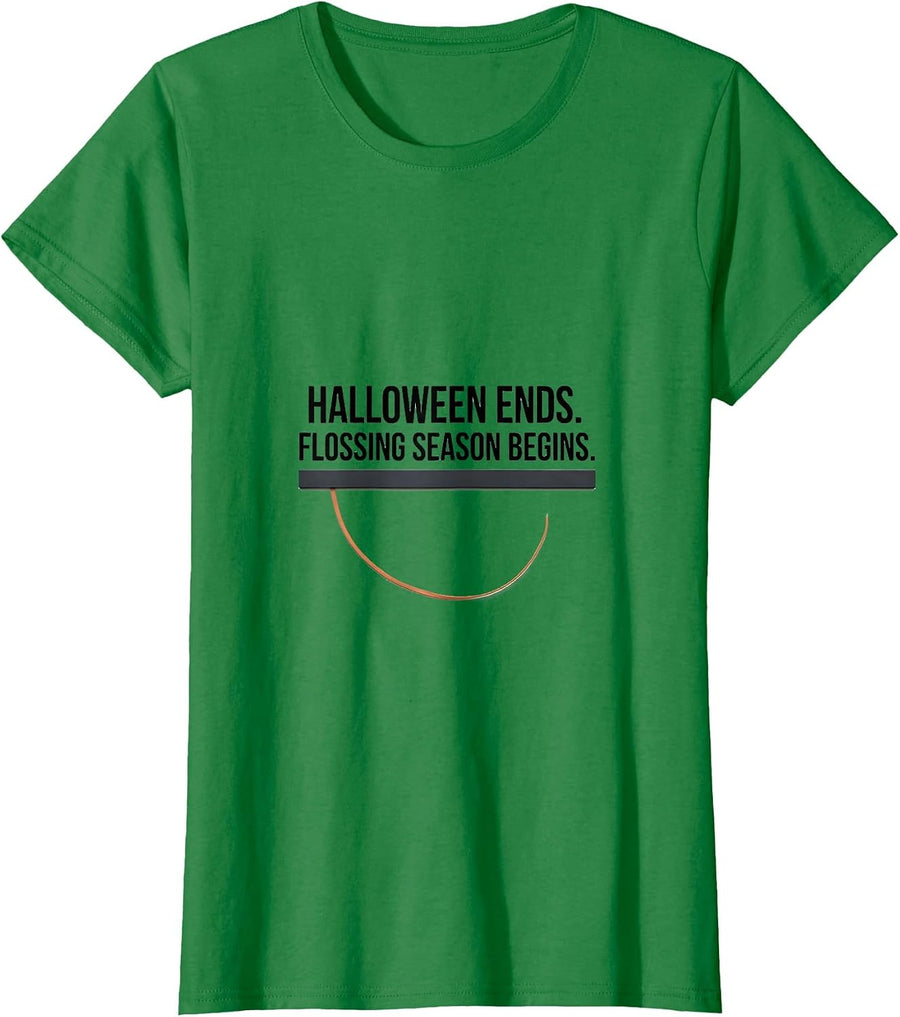 Women's Halloween Ends Flossing Season Begins Dental Squad T-Shirt - Kelly Green