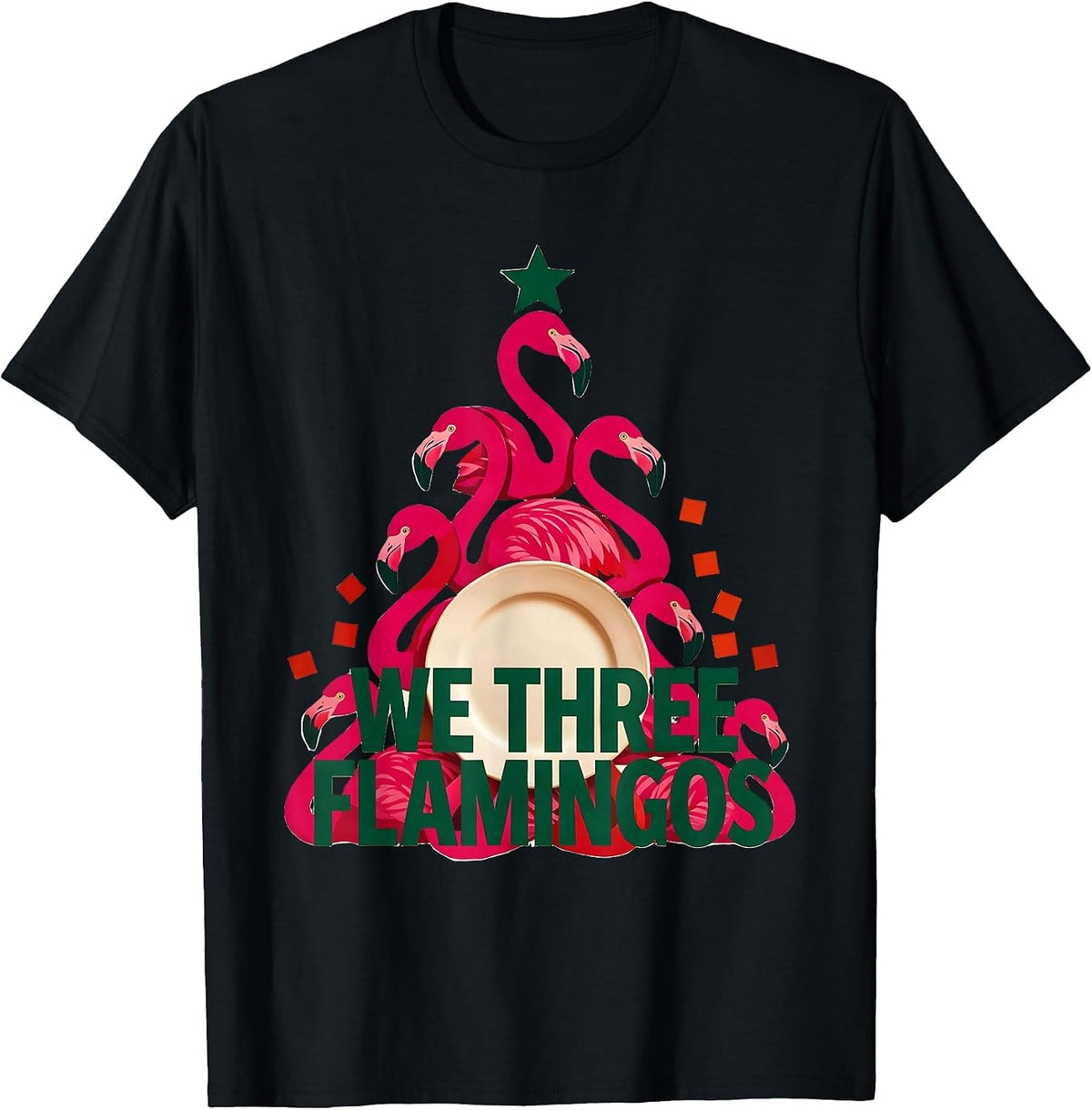 Men's We Three Flamingos Funny Pink Flamingo Christmas in July T-Shirt - Black
