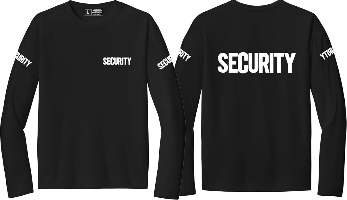 NYC FACTORY Mens Performance Security Long Sleeve T-Shirts - Security Black Chest & Back, Security Sleeves
