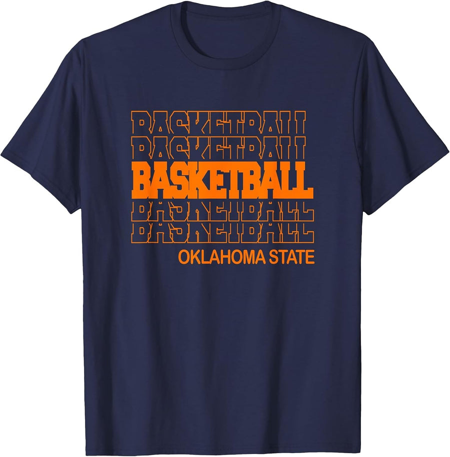 Basketball Oklahoma State in Modern Stacked Lettering T-Shirt - Navy Blue