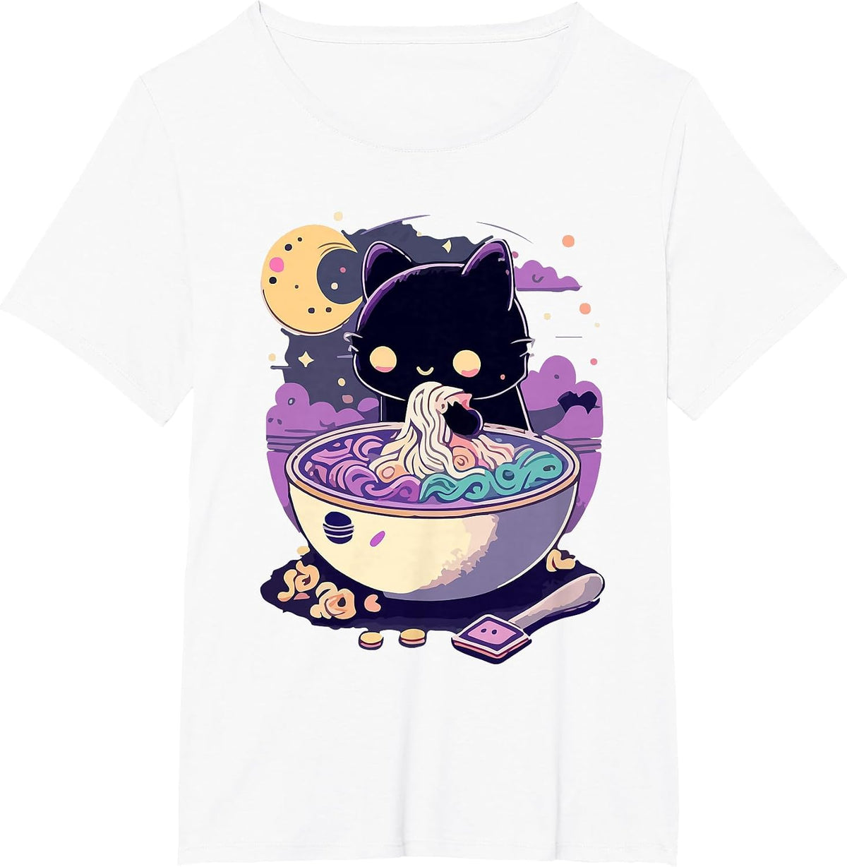 Creepy Kawaii Cat Eating Ramen Noodles Pastel Goth Aesthetic T-Shirt - White