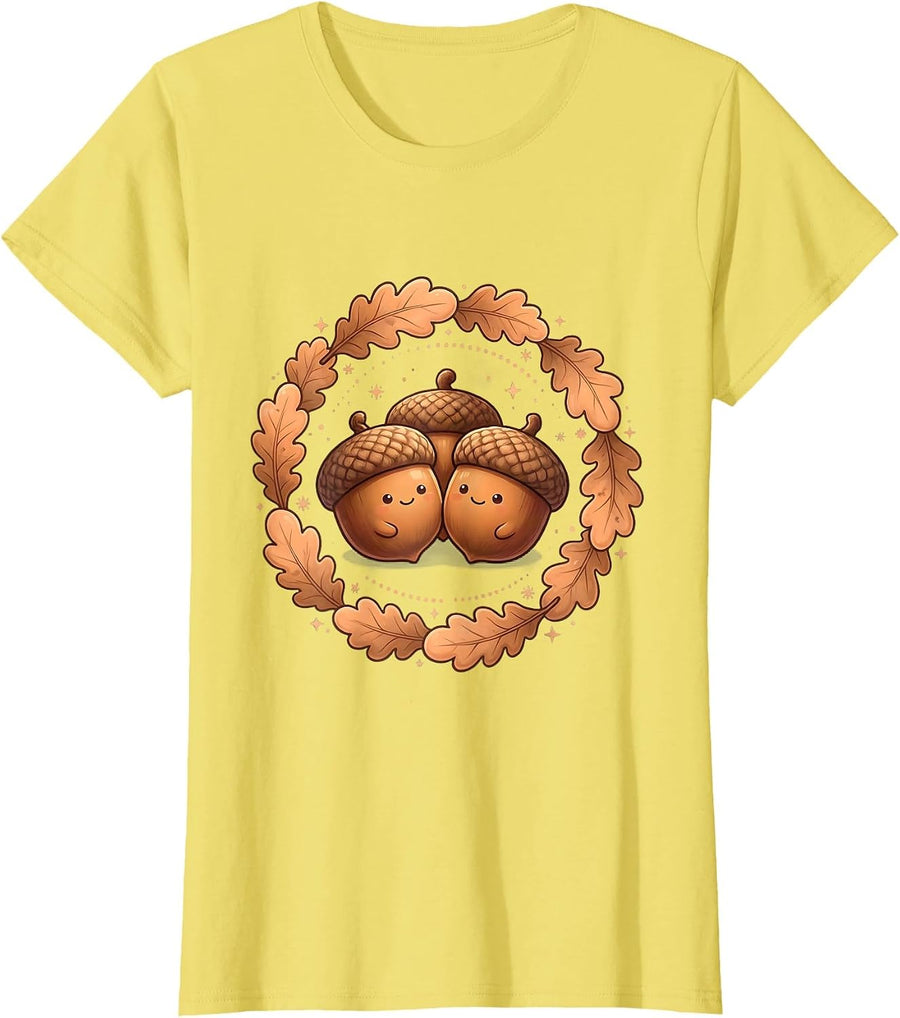 Women's Thanksgiving Acorn Cluster and Curling Oak Leaves T-Shirt - Lemon Yellow