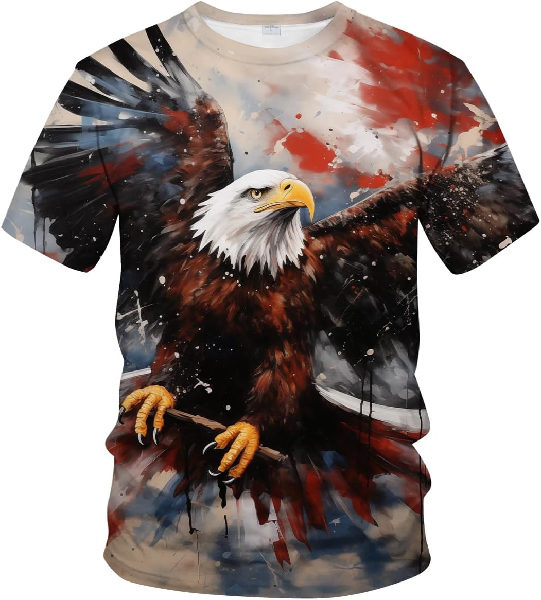 Funny USA Bald Eagle T-Shirt American Flag Style Graphic Tee Shirt - Red