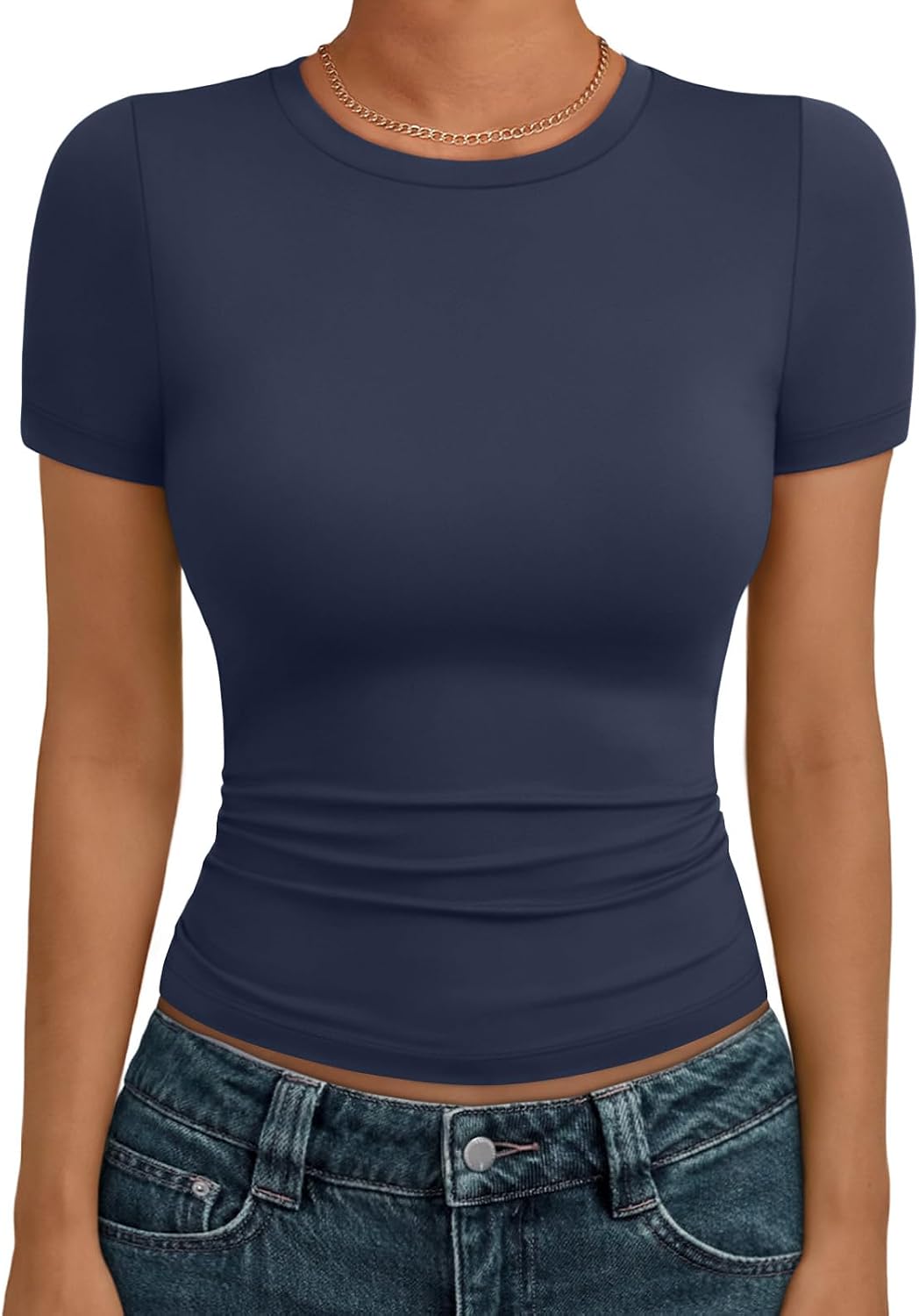 AUTOMET Women's Crewneck Short Sleeve T-Shirt Sexy Slim Fit Basic Going Out Tops - Navy