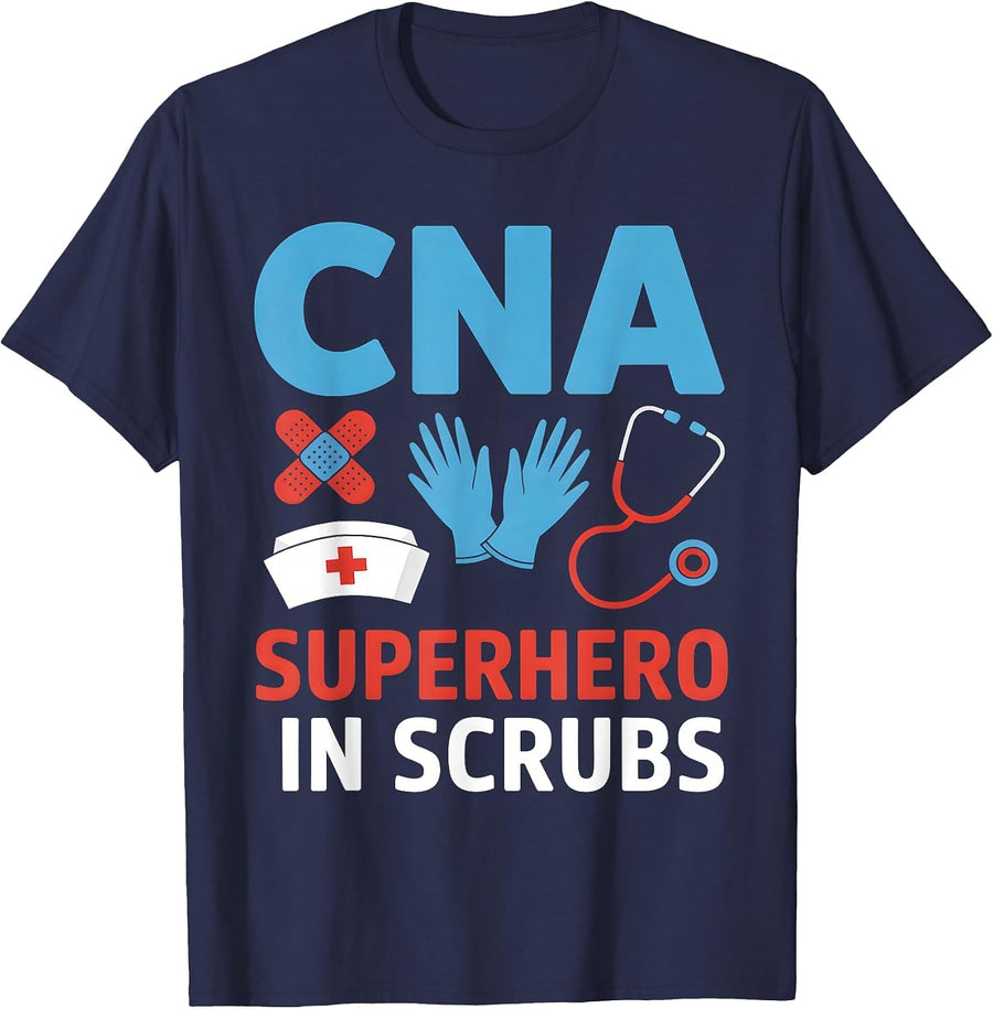 CNA Superhero in Scrubs Nursing Assistant Hospital Team T-Shirt - Navy Blue
