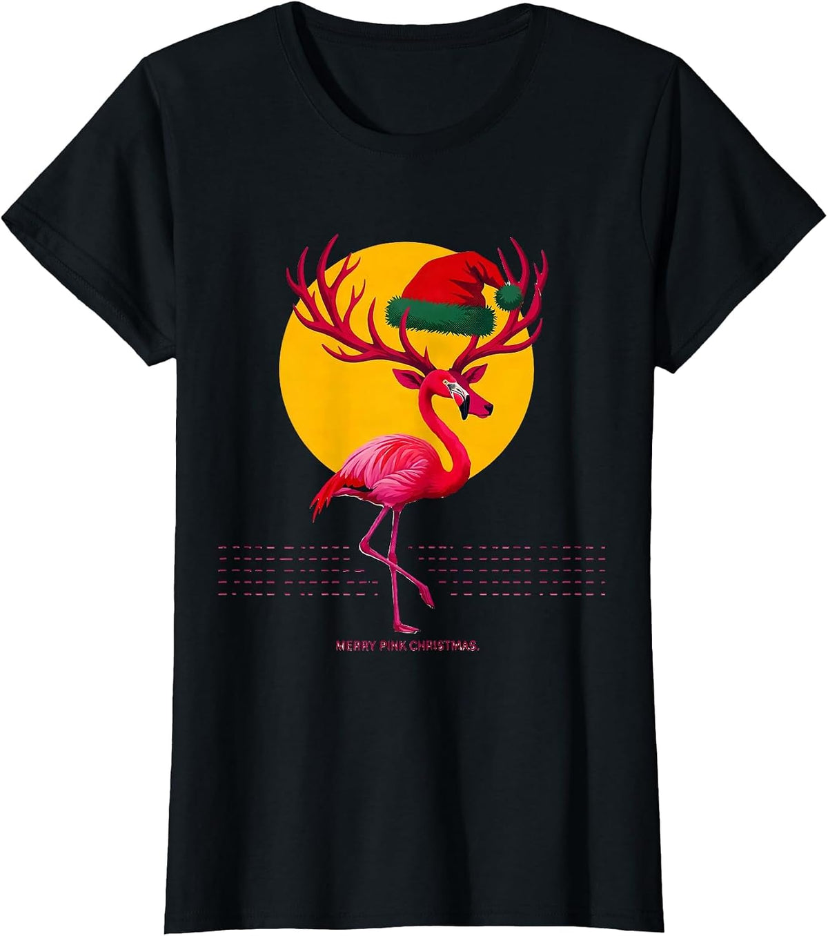 Women's Merry Pink Christmas Flamingo Santa Hat Holiday Humor T-Shirt - Black