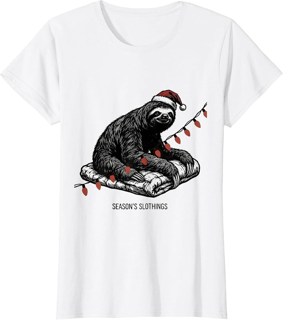 Women's Season's Slothings Funny Sloth Christmas Lights Pajama T-Shirt - White