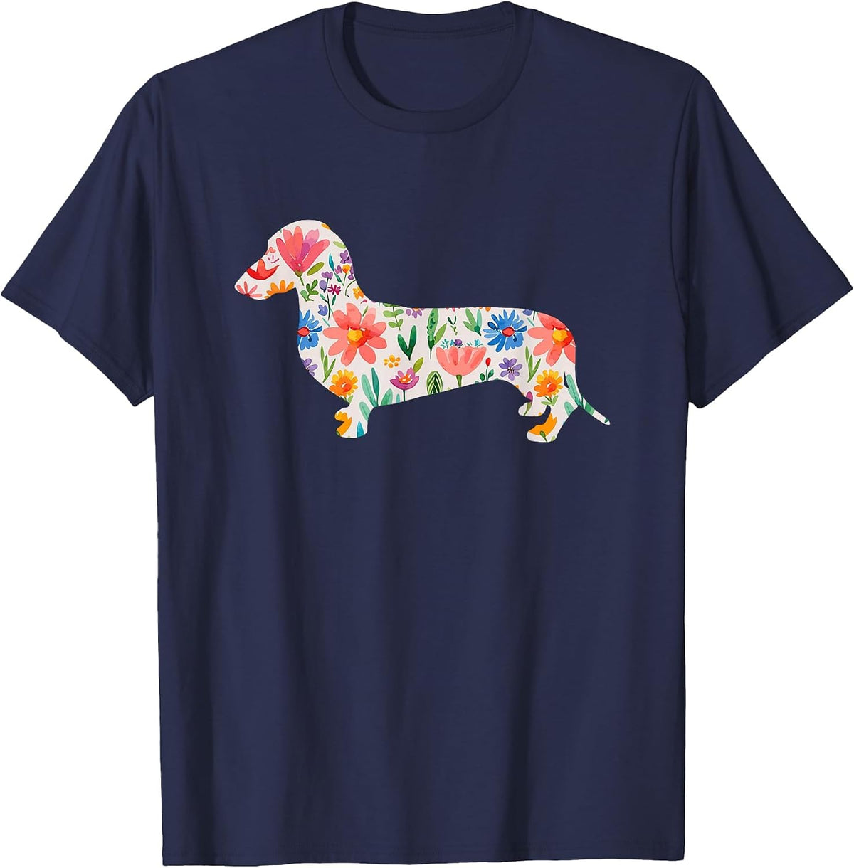 Smooth Dachshund Watercolor Flowers Design T-Shirt - Navy Blue