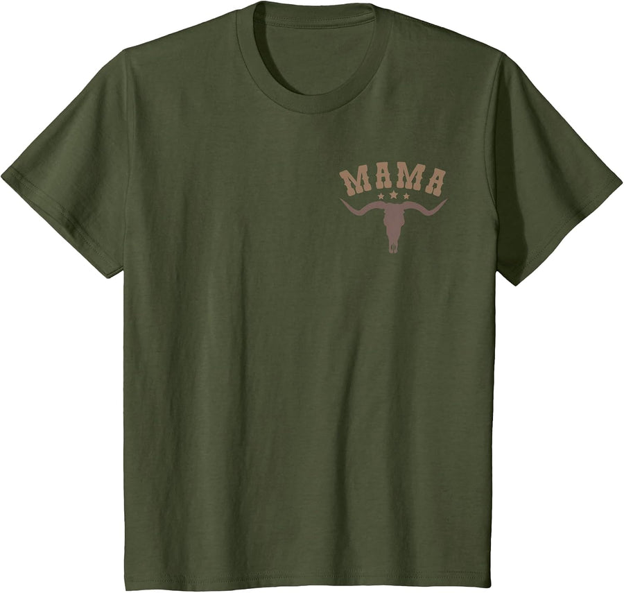 Mama Skull Highland Cow Boy Western Rodeo Family Matching T-Shirt, Youth, Olive Green, 3T - As Pictured