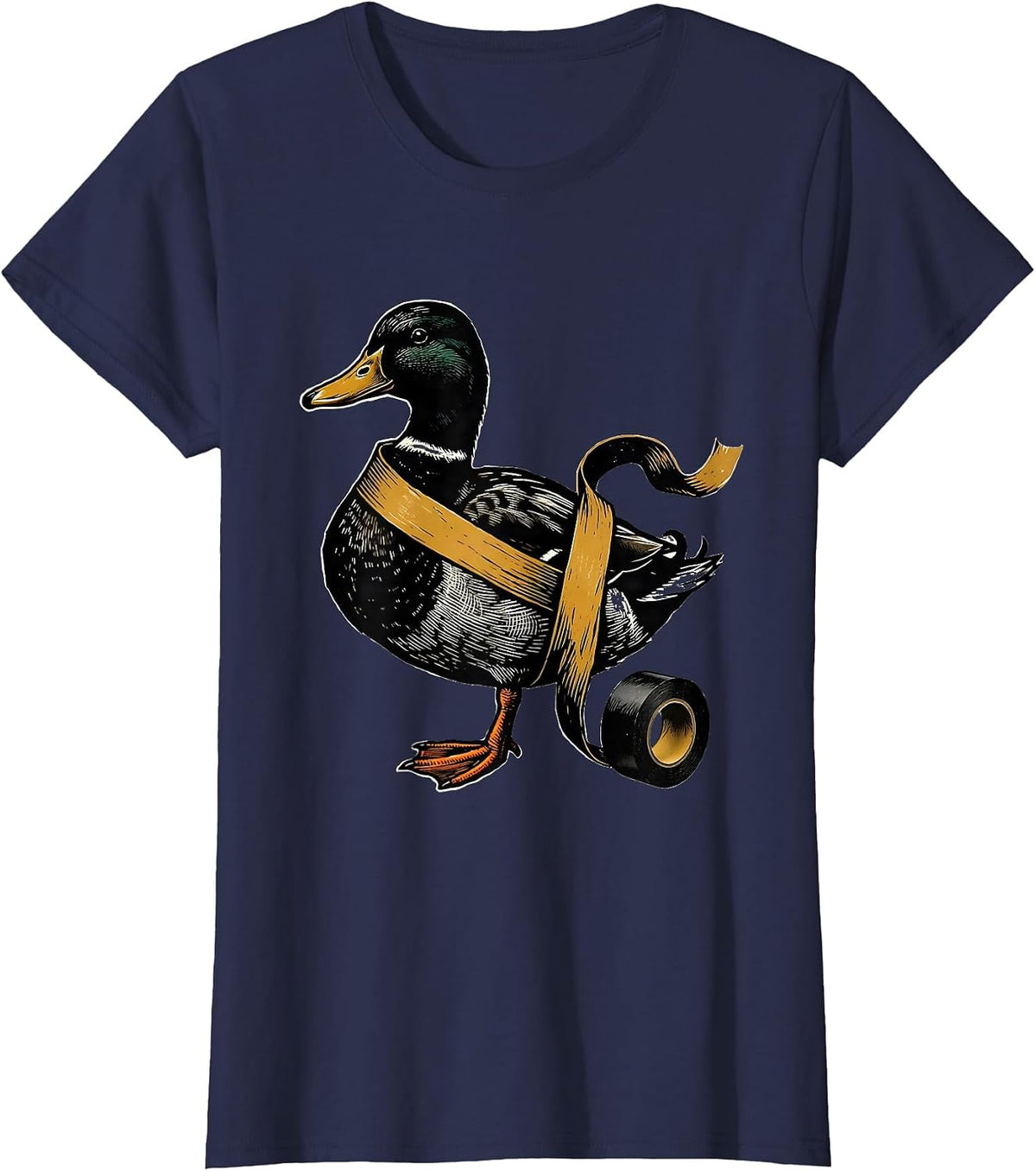 Women's Duck Tape Humor Linocut Funny Novelty Gift T-Shirt - Navy Blue