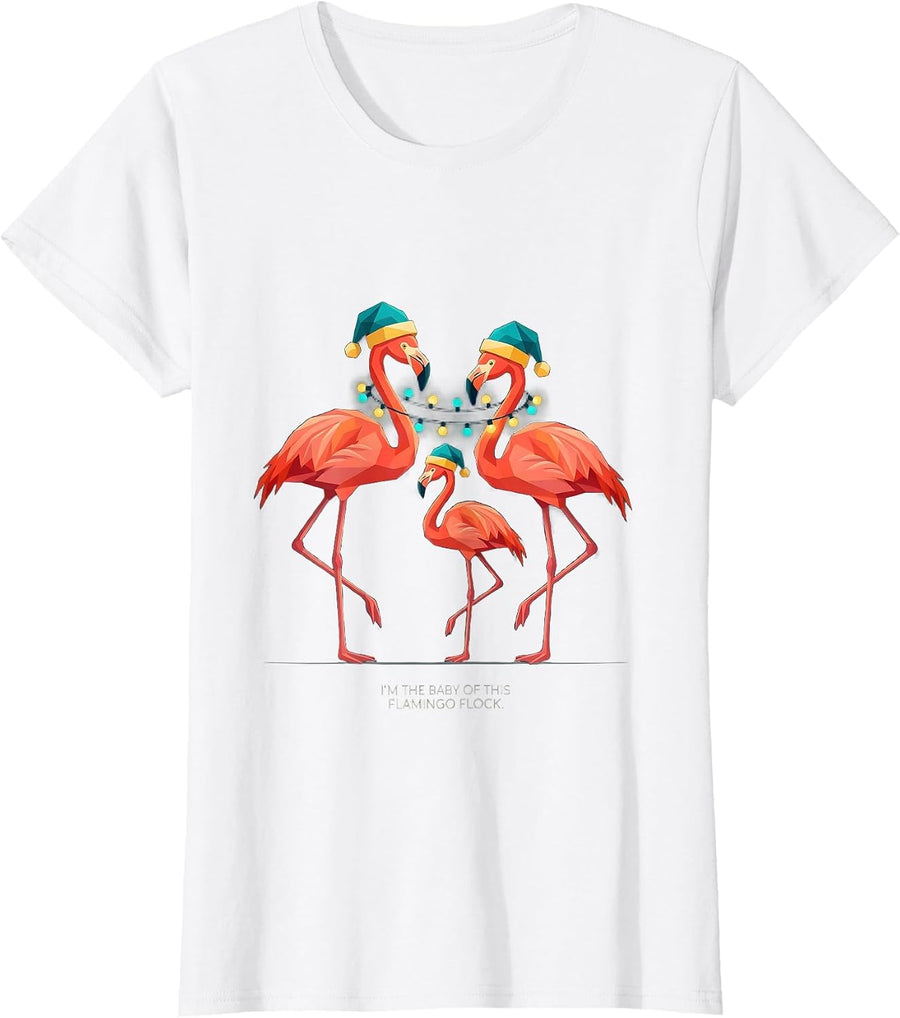 Women's I'm The Baby Of This Flamingo Flock Pink Flamingo Christmas T-Shirt - White