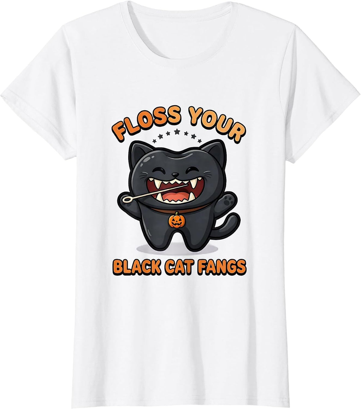 Women's Floss Your Black Cat Fangs Cute Kawaii Halloween Dentist T-Shirt - White