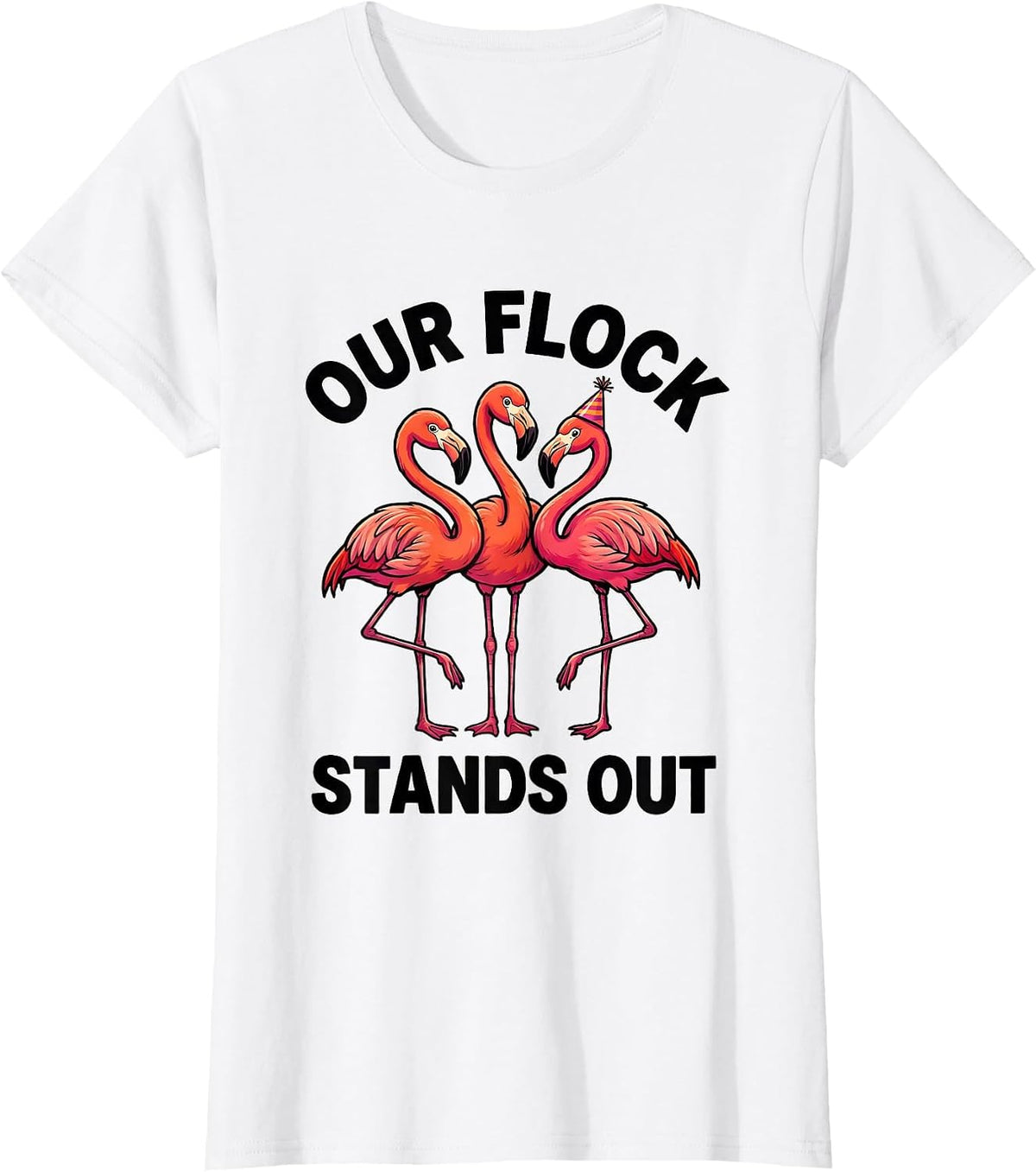 Our Flock Stands Out Cartoon Flamingo Novelty Family T-Shirt - White