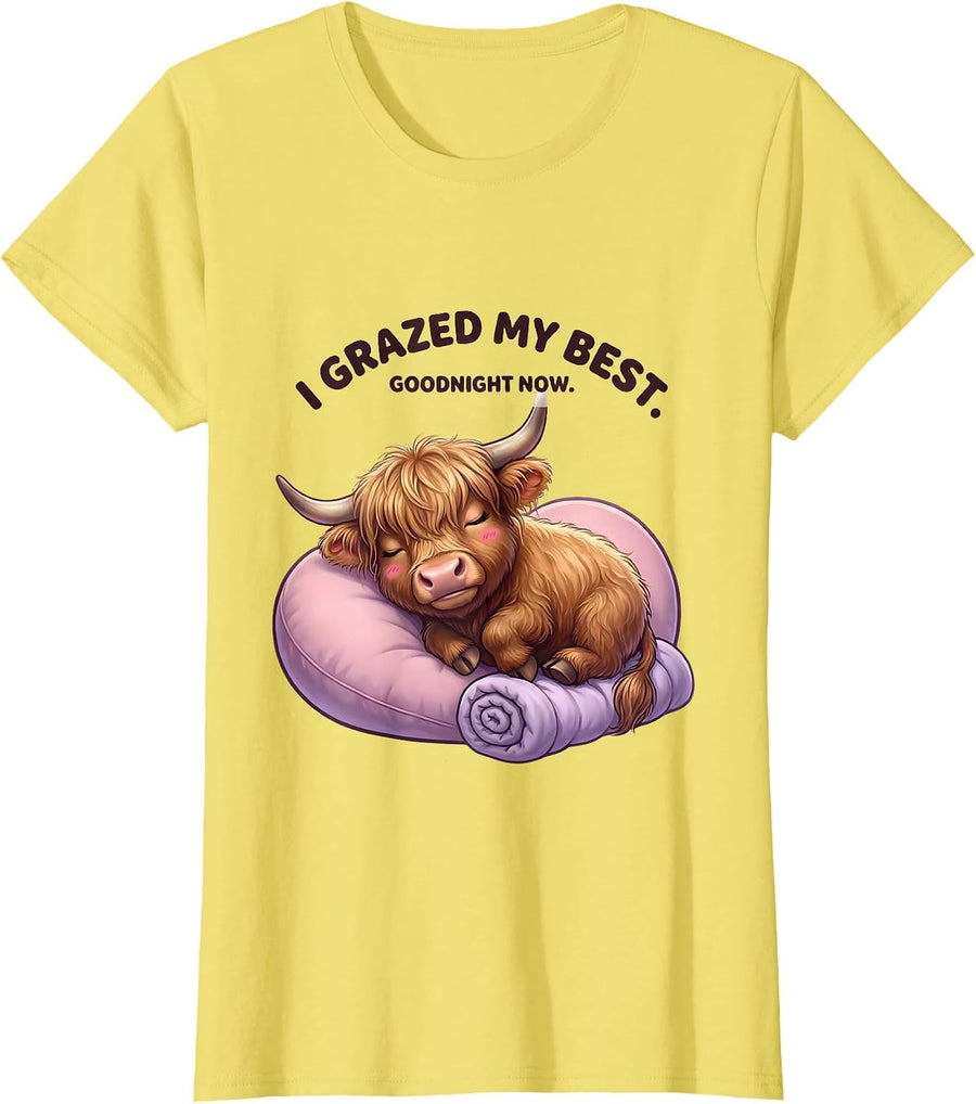 Women's I Grazed My Best Goodnight Now Cute Kawaii Highland Cow T-Shirt - Lemon Yellow