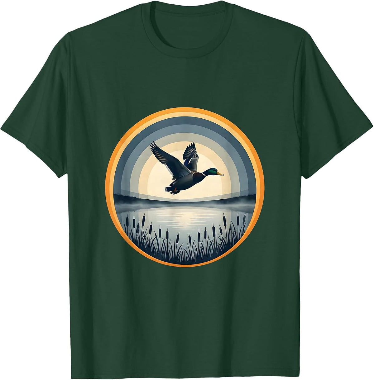 Men's Duck Flying Over Misty Morning Marsh Camo T-Shirt - Dark Green