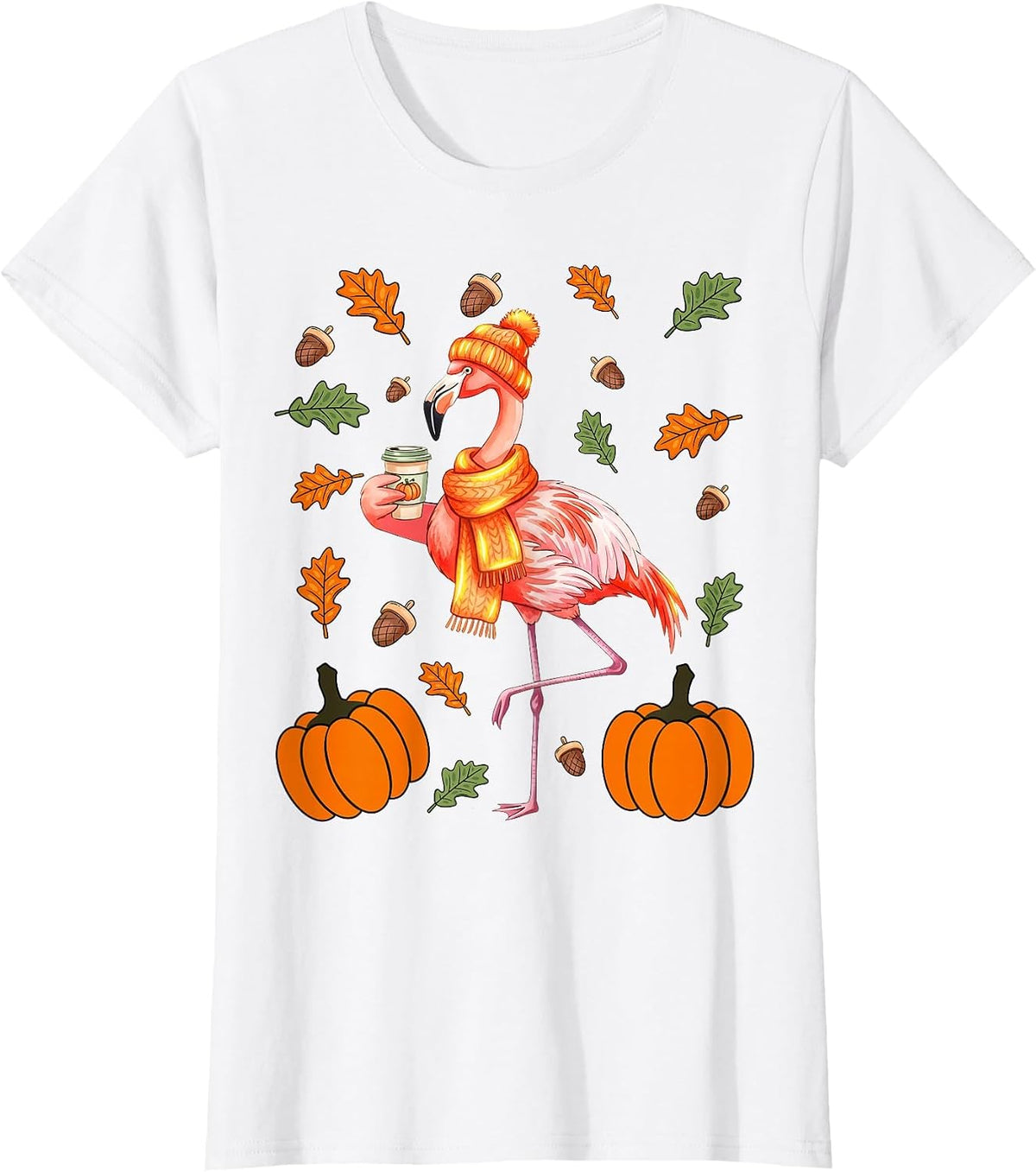 Autumn Flamingo Pumpkin Spice Latte Fall Leaves Thanksgiving T-Shirt - White