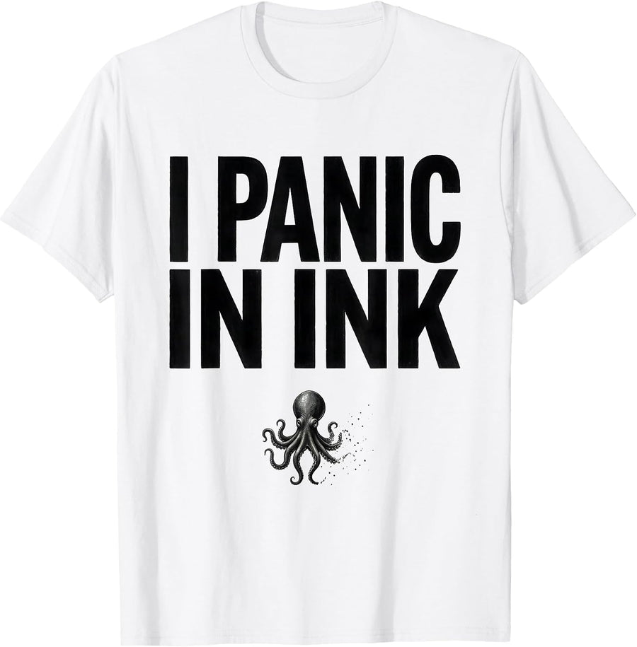 Men's I Panic In Ink Minimalist Octopus Lover Japanese Aesthetic T-Shirt - White