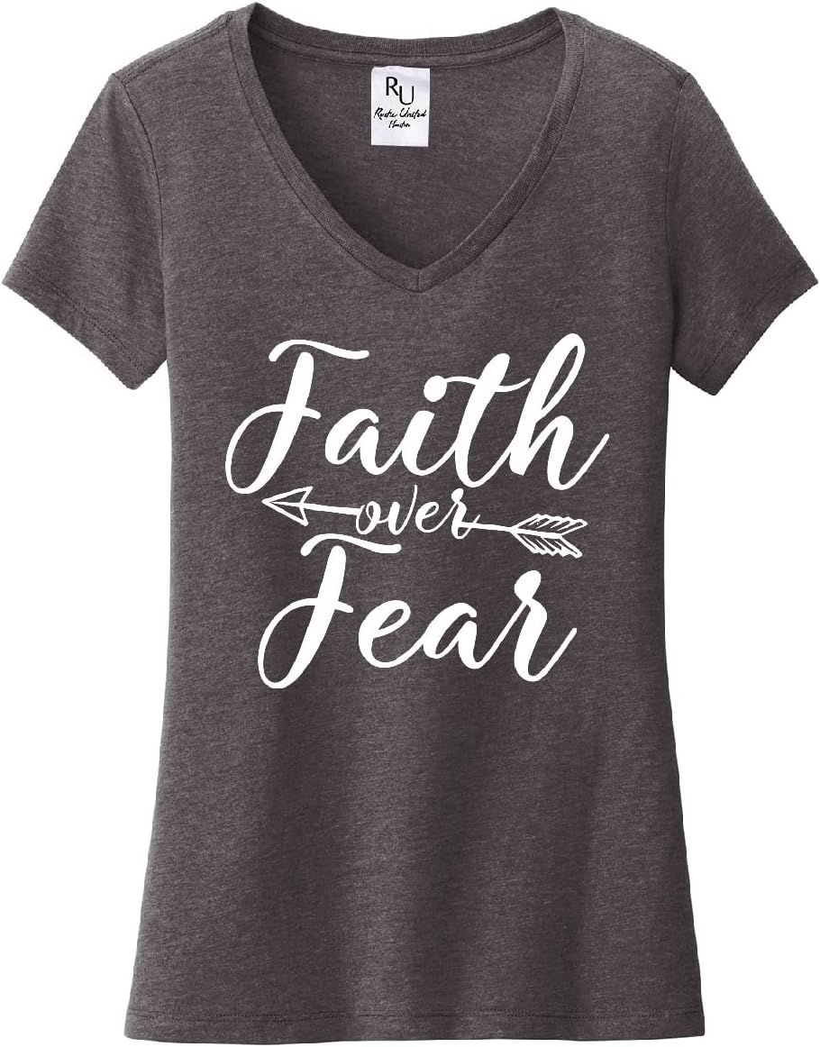 Faith Over Fear T-Shirt Casual Short Sleeve Vneck Women Spiritual Graphic Tees - Heather Dark Grey