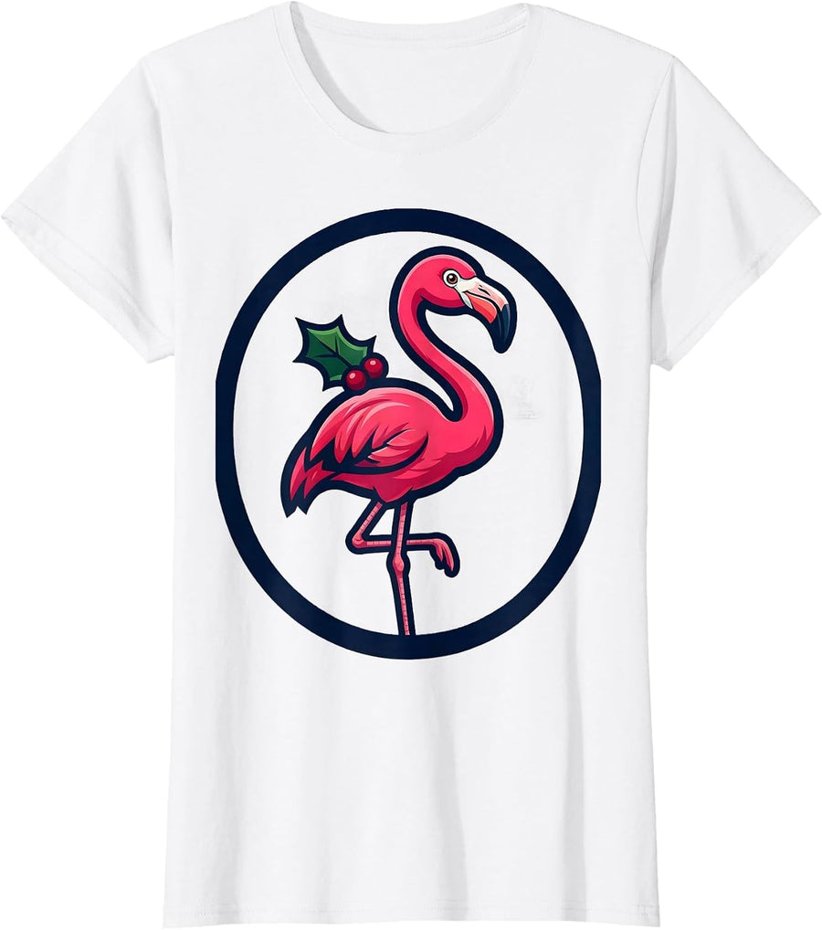 Women's Pink Flamingo Holiday Mascot Novelty Gift T-Shirt - White