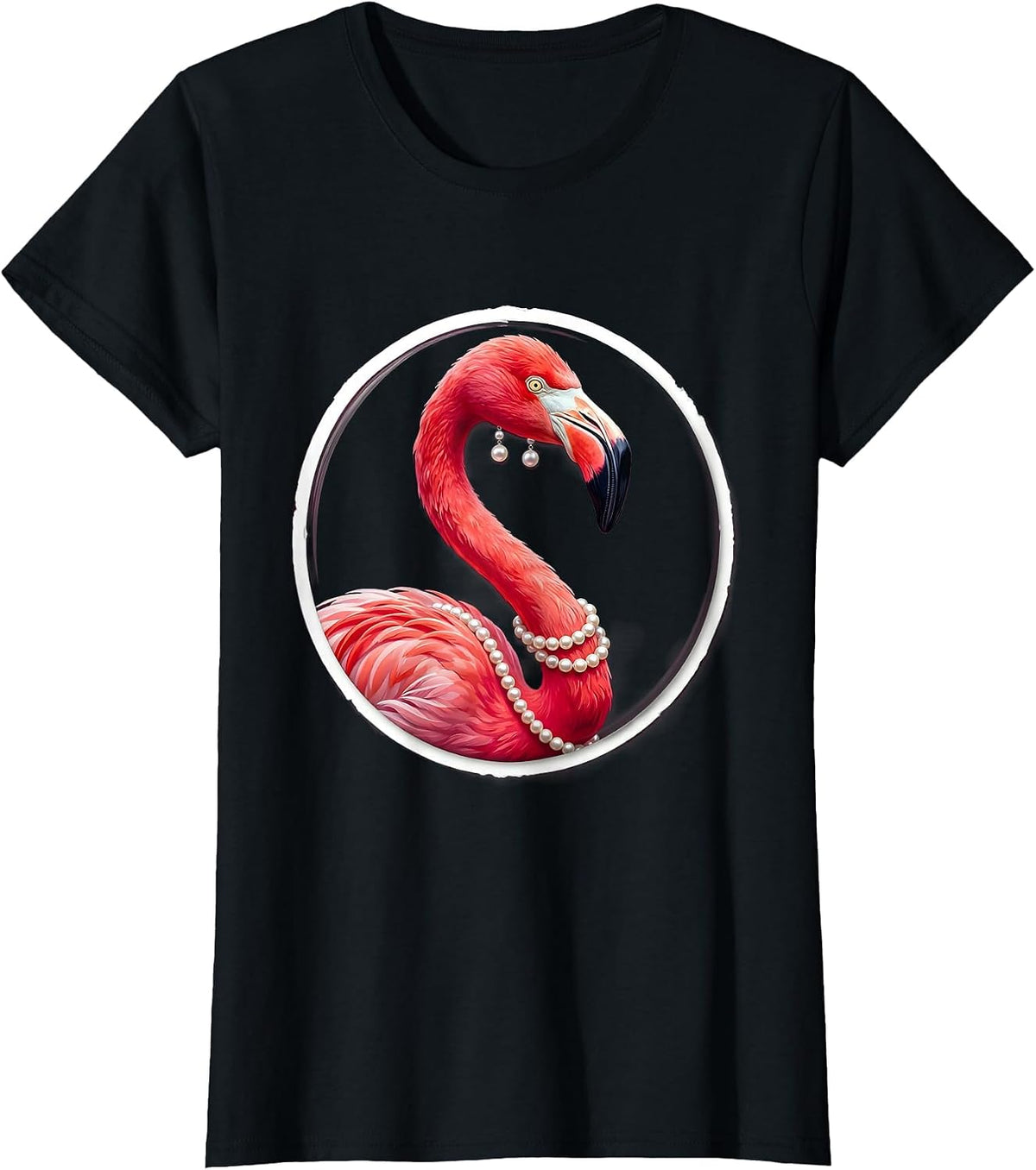 Elegant Flamingo Pearl Necklace and Earrings Design T-Shirt - Black