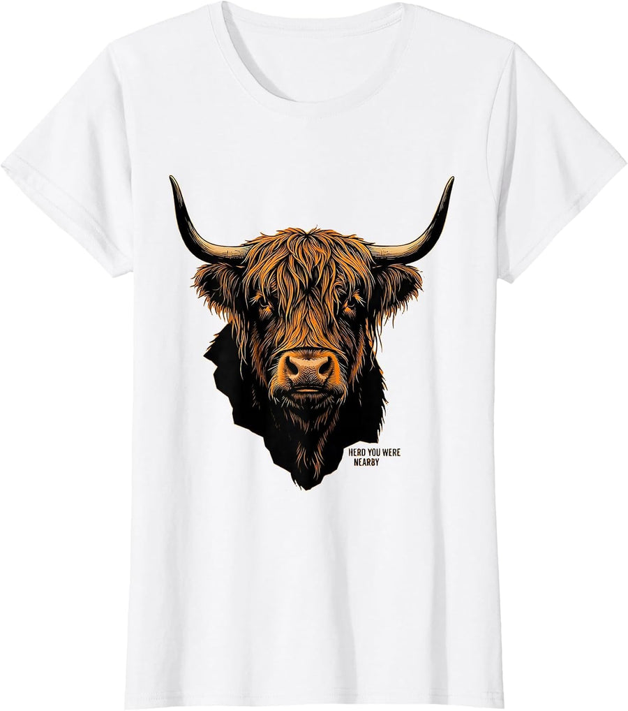 Women's Herd You Were Nearby Whimsical Highland Cow Character Humor T-Shirt - White