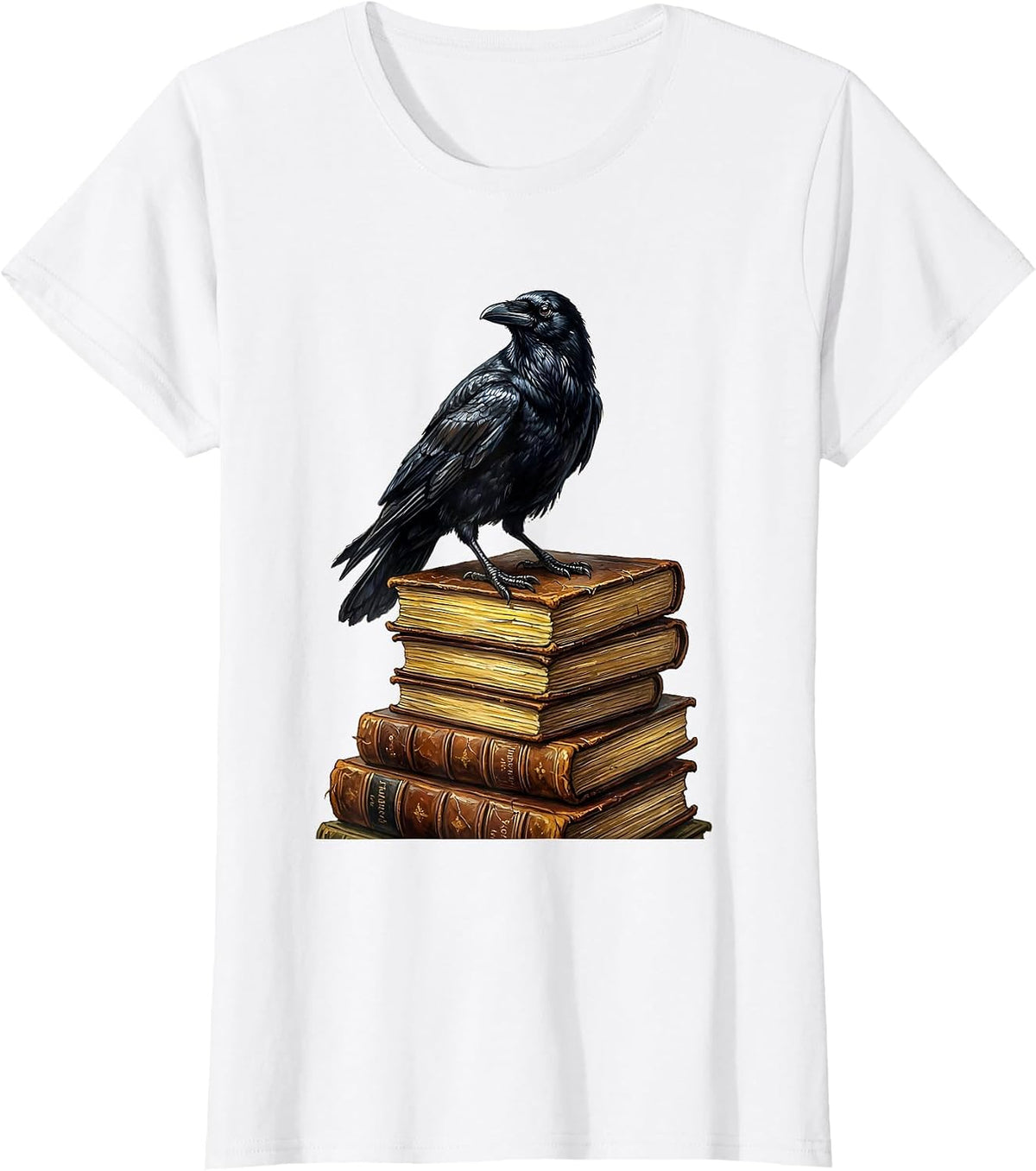 Crow on Stack of Old Books Illustration T-Shirt - White