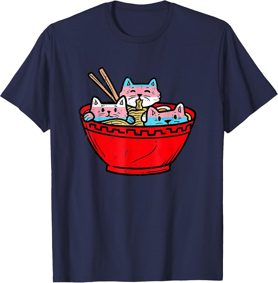 Ramen Cats Transgender Trans Pride Flag Japanese Noodle Food T-Shirt - Navy Blue