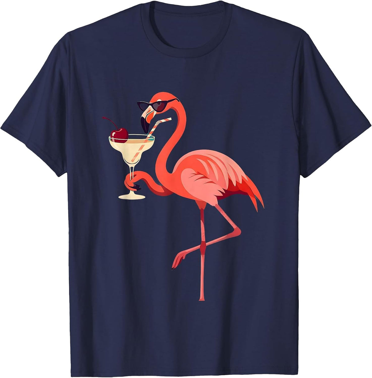 Flamingo in Sunglasses Sipping Cocktail Design T-Shirt - Navy Blue