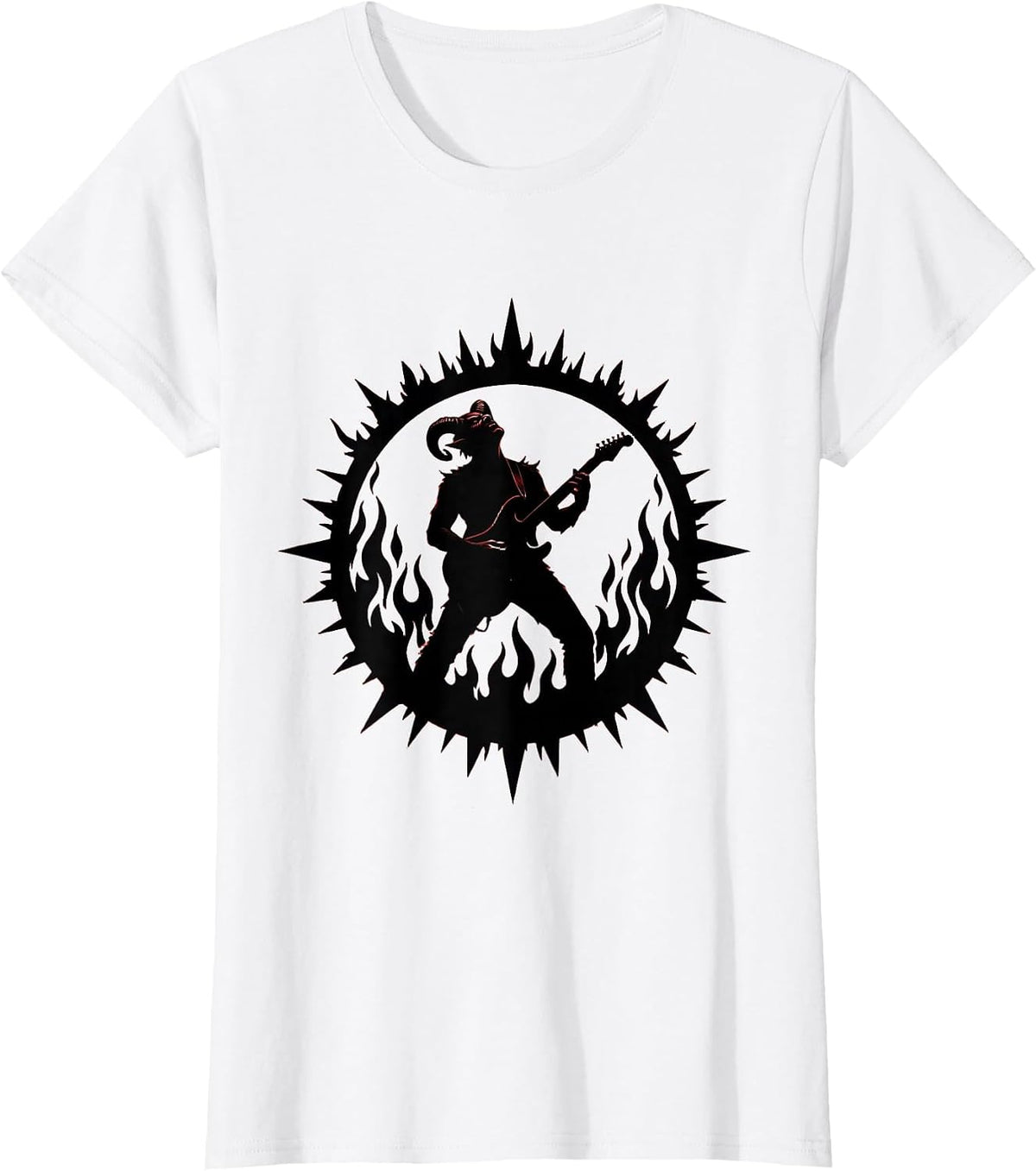 Demon Guitarist Shredding Flaming Stage Metal Design T-Shirt - White