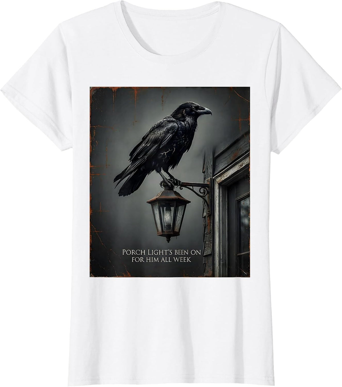 Women's Porch Light's Been On For Him All Week Gothic Literary Raven T-Shirt - White