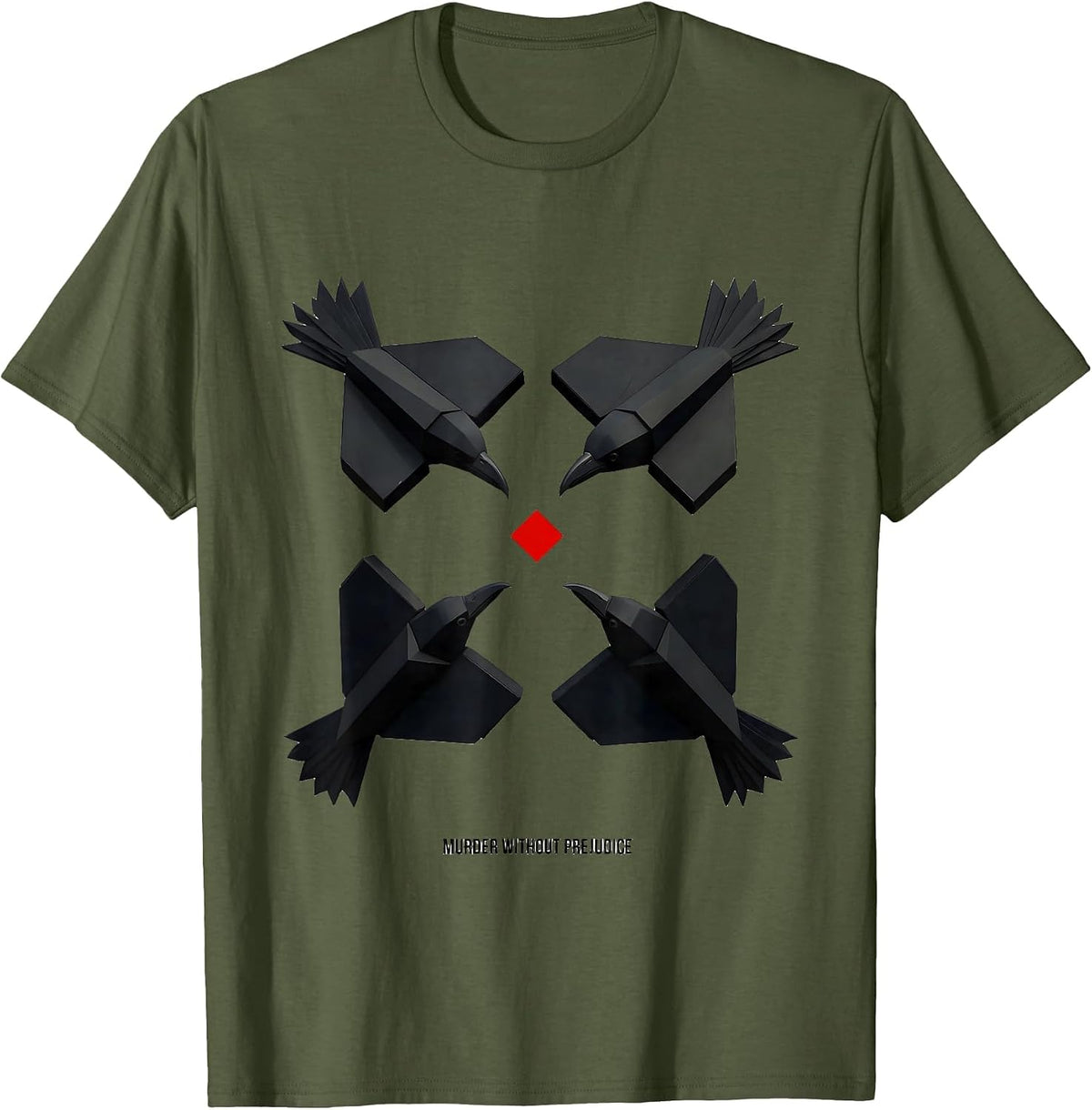 Men's Murder Without Prejudice Geometric Crow Lover Bird Humor T-Shirt - Olive Green
