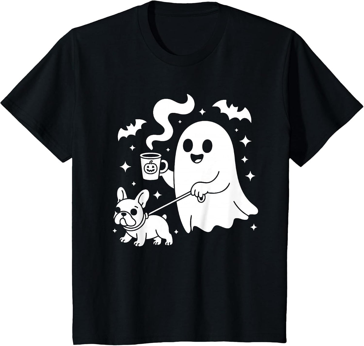 Ghost Walking Dog French Bulldog Coffee Halloween Costume T-Shirt - Black