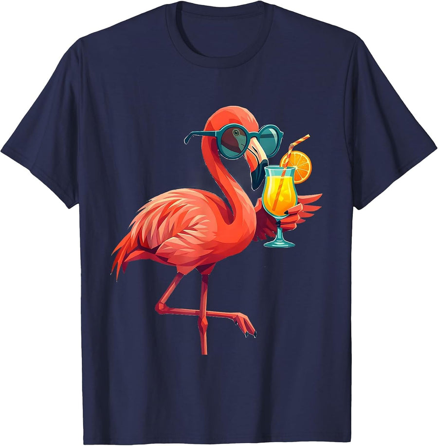 Flamingo In Sunglasses Sipping Cocktail Graphic T-Shirt - Navy Blue