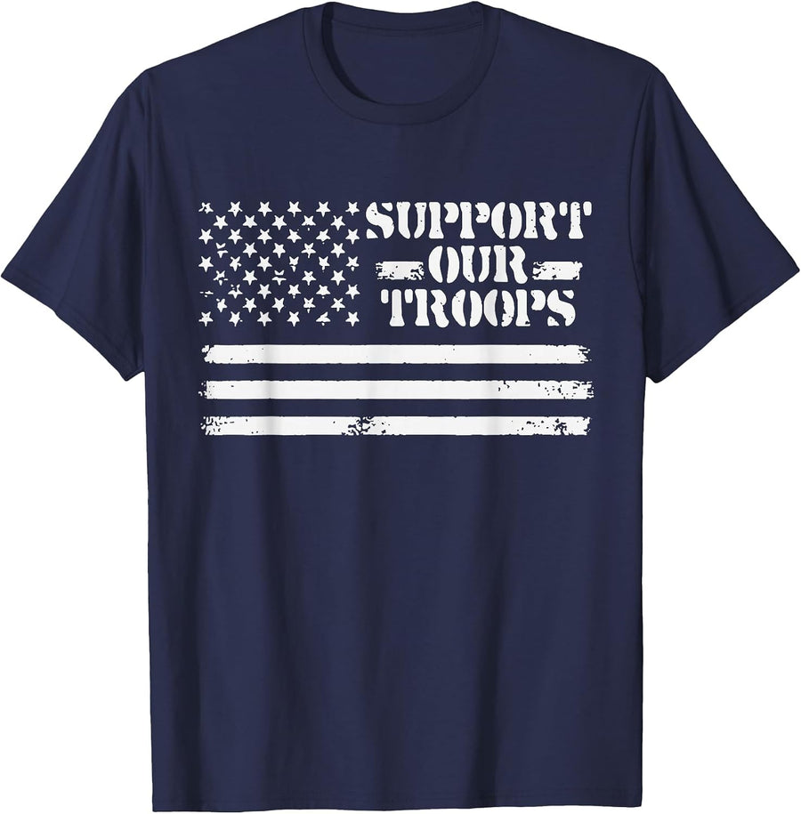 Vintage Support Our Troops USA Flag Veteran's & Memorial Day T-Shirt - Navy Blue