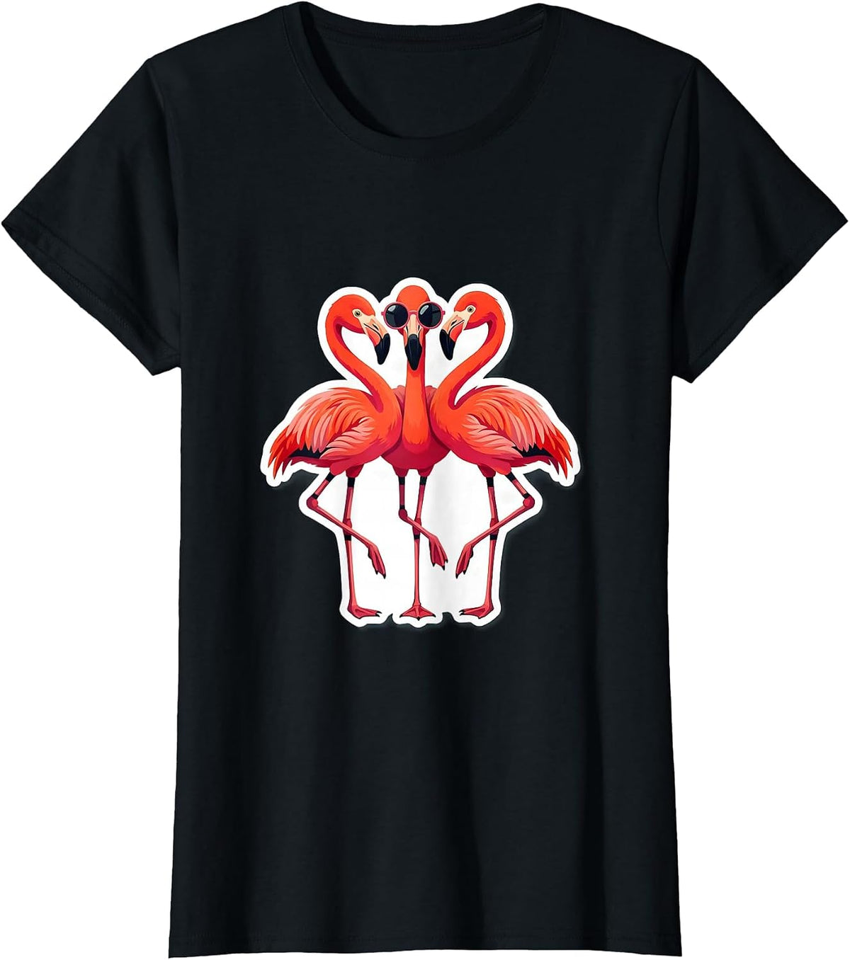 Women's Synchronized Flamingo Sticker-Style Novelty Humor T-Shirt - Black