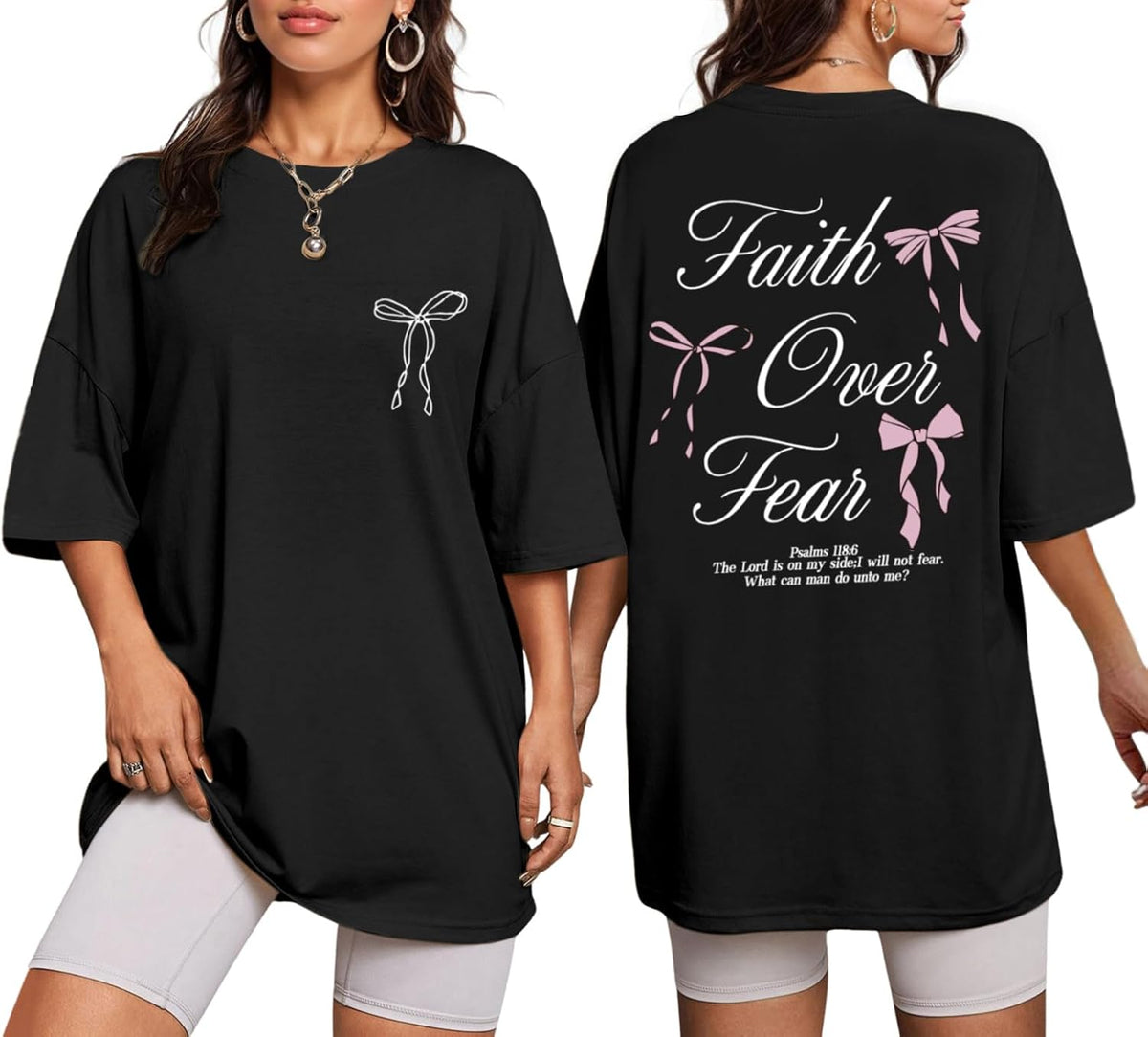Faith Over Fear Shirt Oversized Christian Cute Bow Shirts for Women Bible Verse Religious Tshirts Coquette Tops - Black