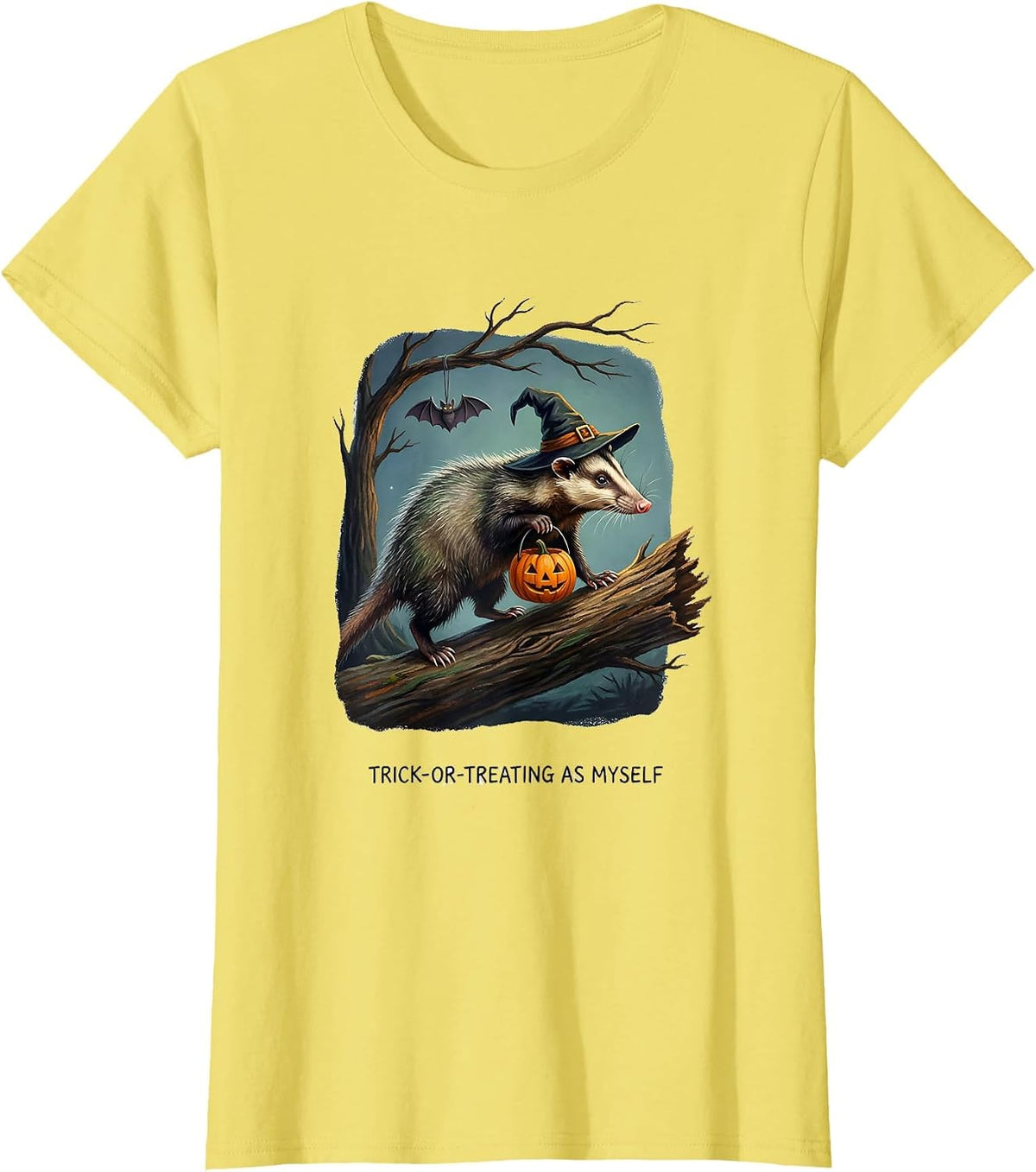 Trick-or-Treating As Myself Whimsical Spooky Opossum T-Shirt - Lemon Yellow
