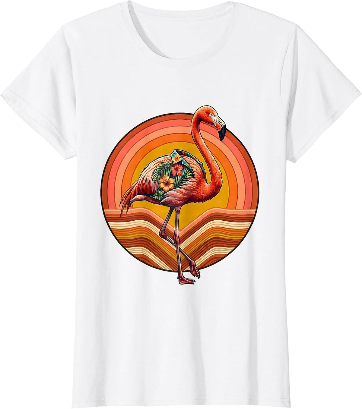 Flamingo in Floral Hawaiian Shirt Graphic T-Shirt - White