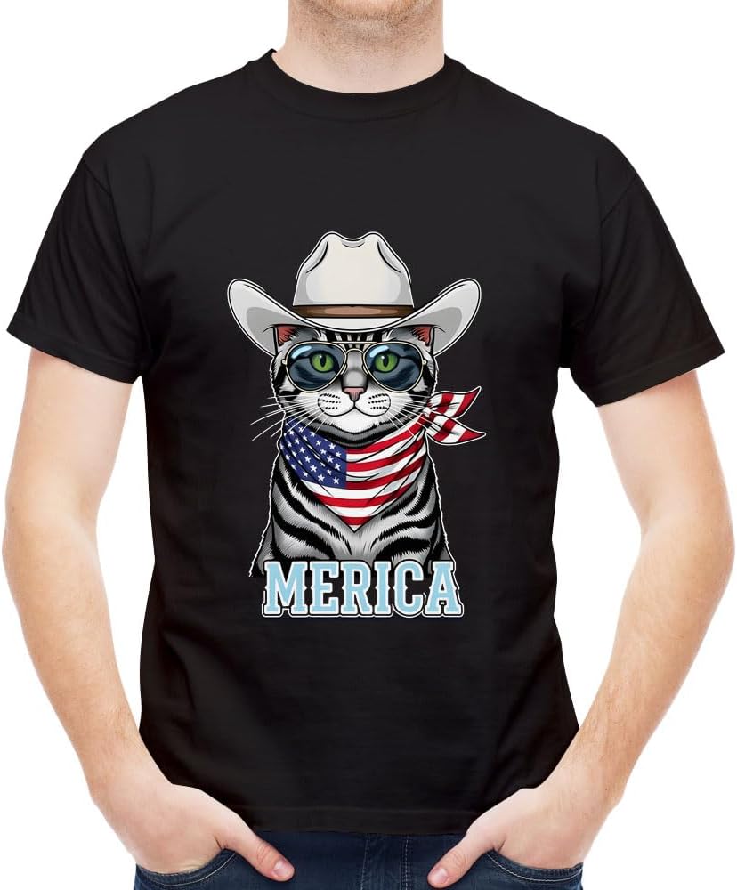 Trendy Pattern Men's Short Sleeve Unique Crew Neck T-Shirt - Usa 'Merica Cat