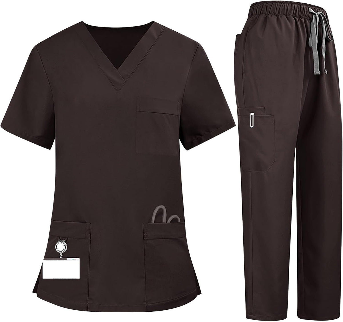 2 Pcs Scrubs Sets for Women Stretch Wide Leg Pants & V-Neck Short Sleeve Tops Plus Size Medical Scrub Sets - Brown