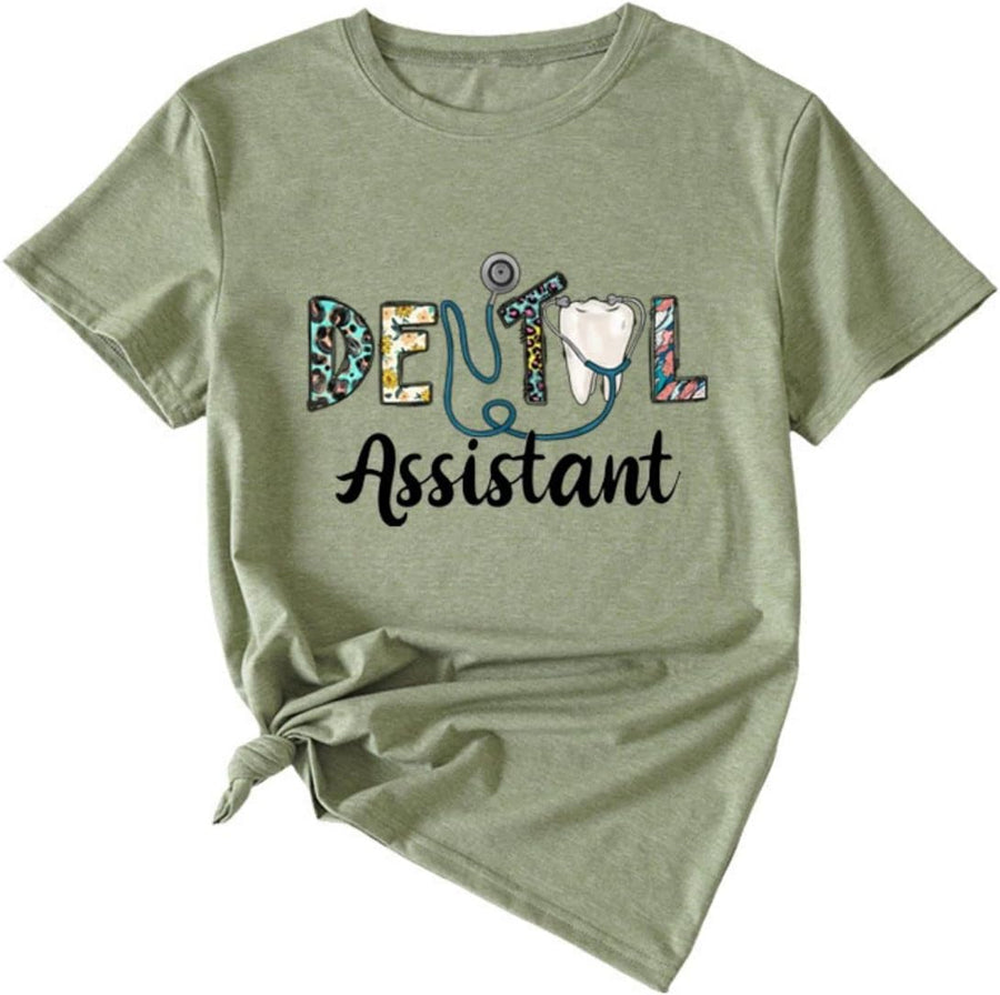 Dental Assistant T-Shirt Funny Cute Dental Shirt Cute Teeth Grapchic Tee for Women Short Sleeve Shirt Summer Top - Olive
