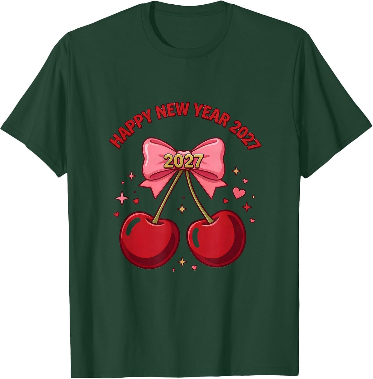 Men's Happy New Year 2027 Cute Cherry Bow Glam Party Top T-Shirt - Dark Green