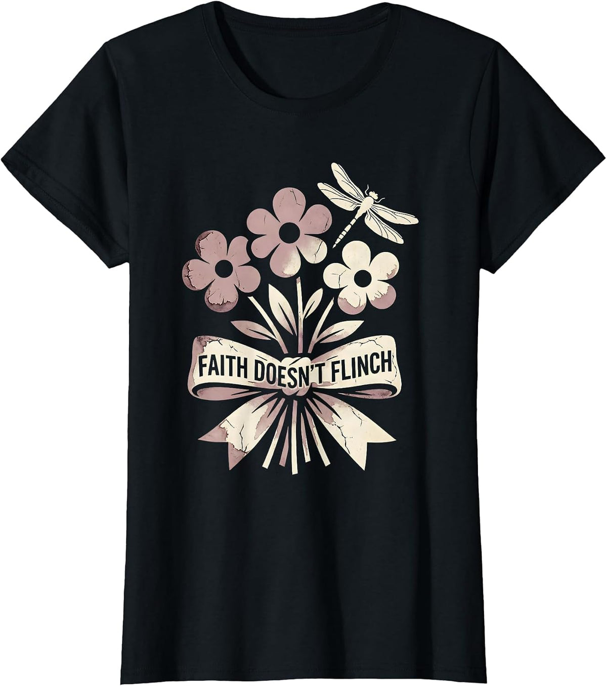 Women's Faith Doesn't Flinch Bold Faith Over Fear Design T-Shirt - Black