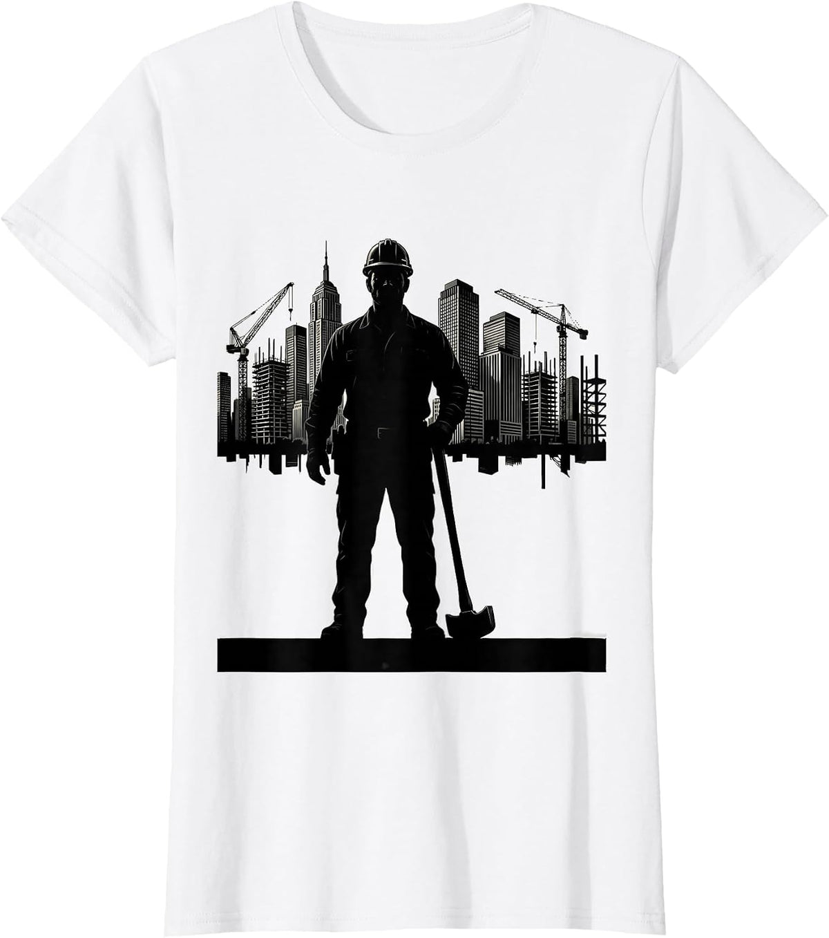 Construction Worker Silhouette City Skyline Graphic T-Shirt - White