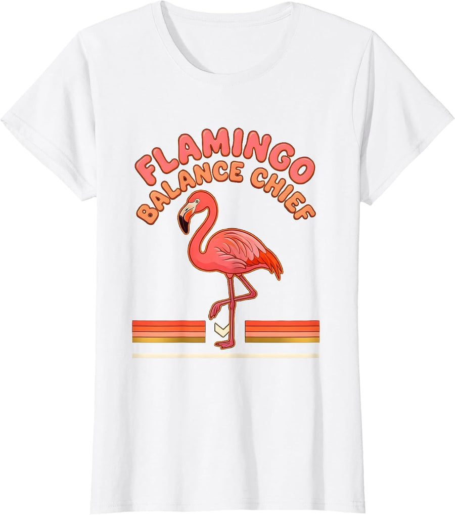 Women's Flamingo Balance Chief Retro 70s Funny Flamingo Novelty T-Shirt - White