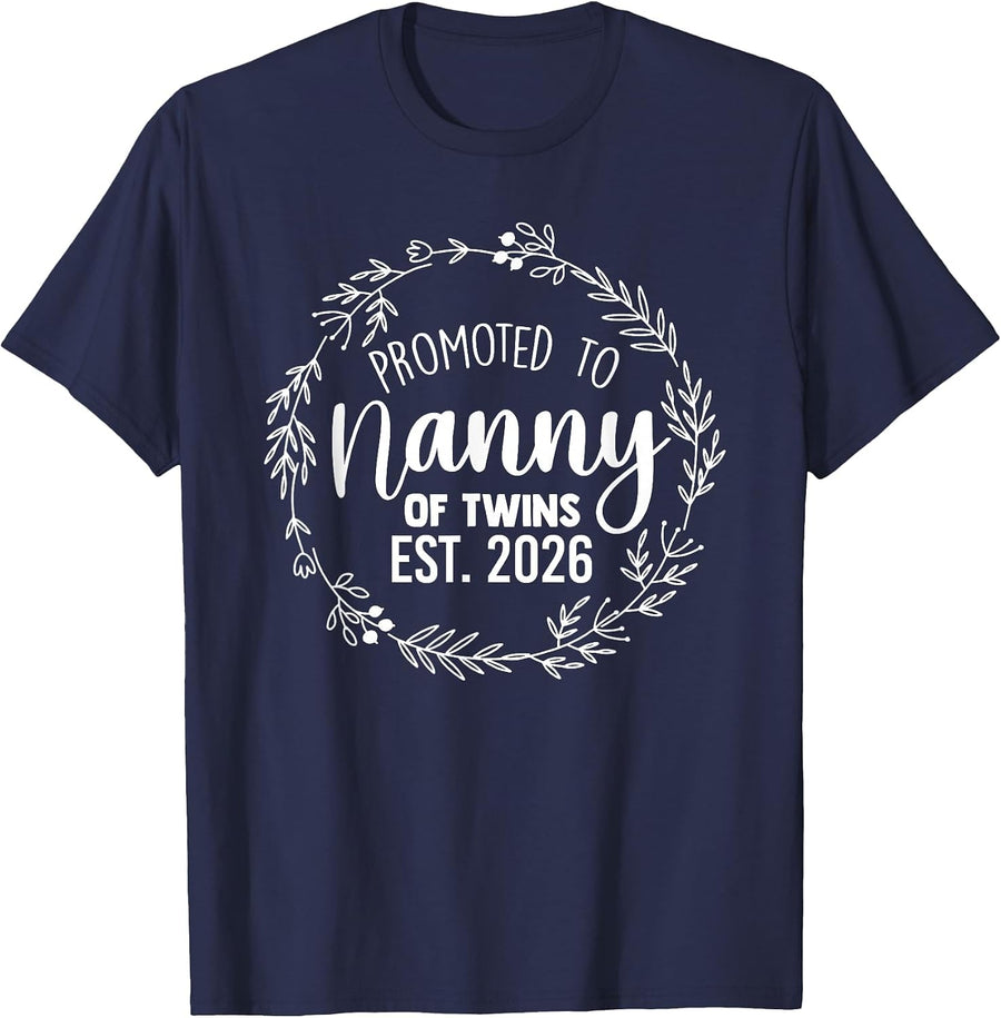 Promoted to Grandma of Twins 2026 Nanny Baby Announcement T-Shirt - Navy Blue