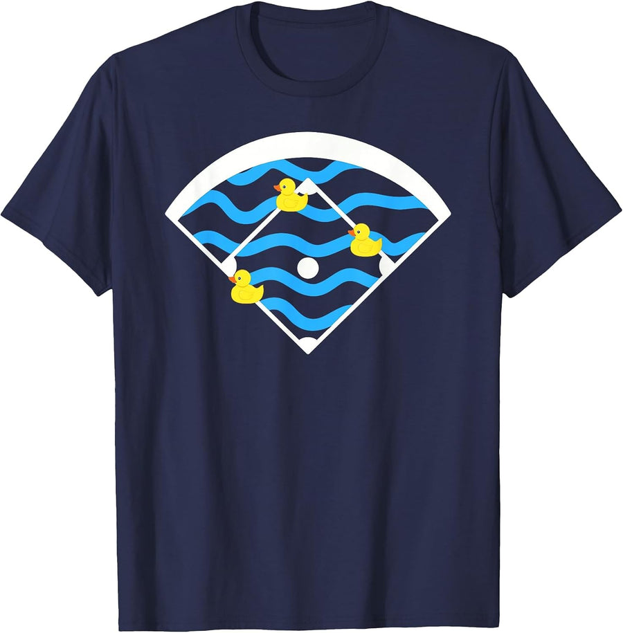 Ducks Left on the Pond Funny Baseball Field T-Shirt - Navy Blue